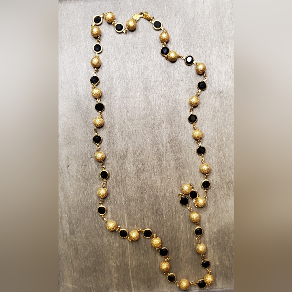 Austrian Crystal Open Back Bezel Necklace Black Gold Vintage Estate - Picture 8 of 10